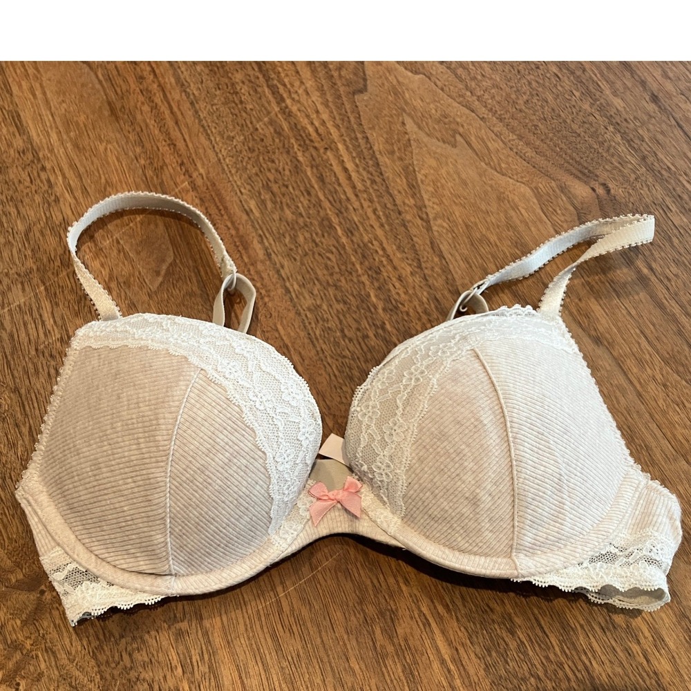 Victoria's Secret Plunge Bra 34B Beige Ribbed Cotton Floral Lace Pink Bow 0870